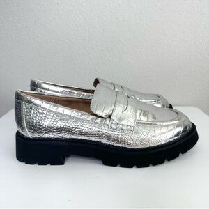 J Crew Winona Lug Sole Platform Silver Croc Embossed Loafers Metallic $228